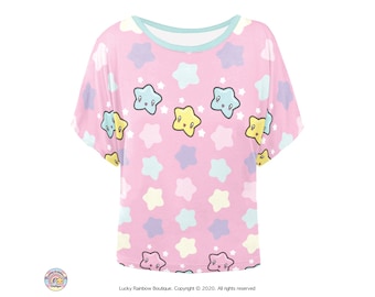 Pastel Rainbow Star TShirt, Kawaii Clothes, All over Stars Print Batwing Top, Cute Anime Shirt, Summer Tops for Teens, Fairy Kei Clothing