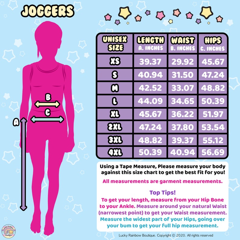 Adult Joggers Size chart. Lucky Rainbow Boutique
