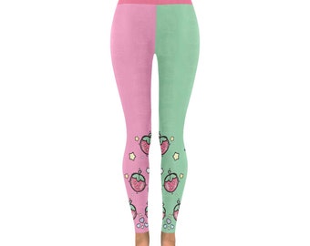Strawberry Print Leggings Kawaii Clothing, Sweet Pastel Two Tone Harajuku Pants, Pink and Green Fairy Kei Tights, YumeKawaii, J-fashion