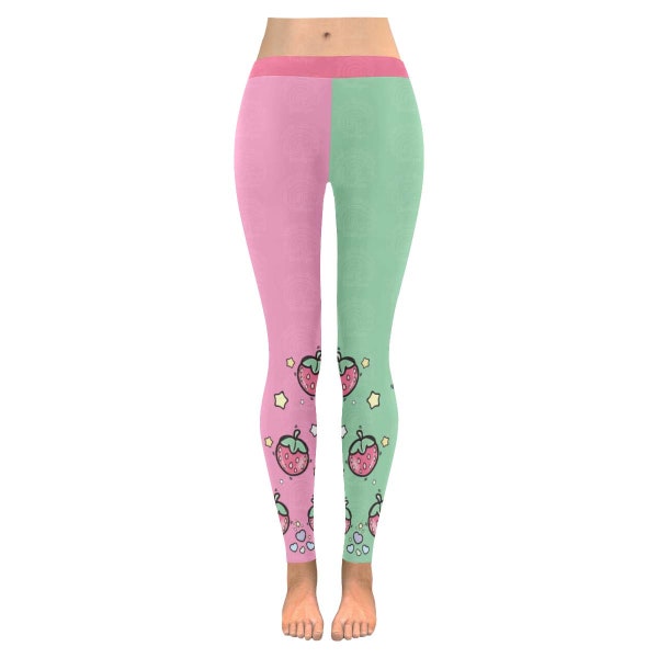 Erdbeer Druck Leggings Kawaii Kleidung, Süße Pastell Zweifarbige Harajuku Hose, Rosa und Grün Fairy Kei Strumpfhose, YumeKawaii, J-fashion