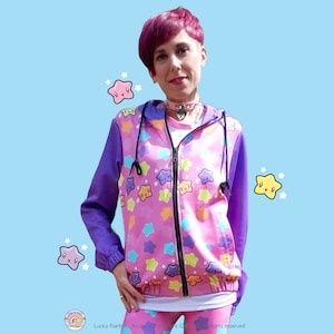 Kawaii Rainbow Star Zip Up Hoodie, Bright Pink All Over Stars Track Top, Anime Sweatshirt, Harajuku Sweater, Cute Kawaii Outfit