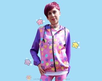 Kawaii Rainbow Star Zip Up Hoodie, Bright Pink All Over Stars Track Top, Anime Sweatshirt, Harajuku Sweater, Cute Kawaii Outfit