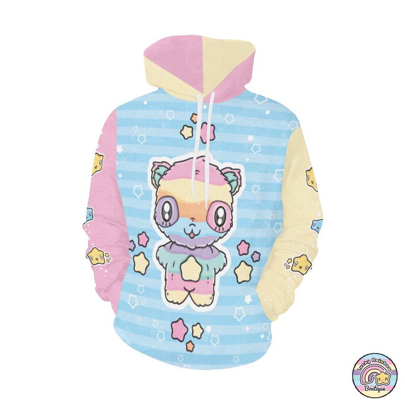 Rainbow Teddy Bear Sweatshirt with Puffy Stars detail on the sleeves.