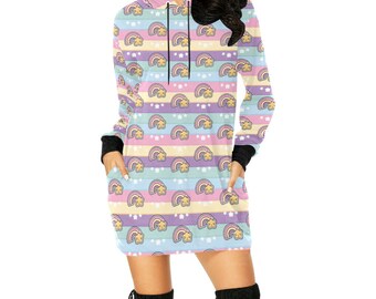 Pastel Rainbow Oversized Hoodie, Kawaii Clothing, Rainbows and Stars Sweater Dress, Harajuku Sweatshirt, Sweet Fairy Kei, 80s Clothing