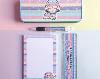 Cute Rainbow Stationery Set, Back to School Supplies, Llama Pencil Tin, Pastel Notepad, Affirmation Pens, Journalling, Kawaii Stationary