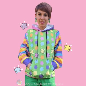 Bright Green All Over Star Hoodie, Kidcore Clothes, Rainbow Stars and Stripe Sweater, Harajuku Sweatshirt, Kawaii Clothing