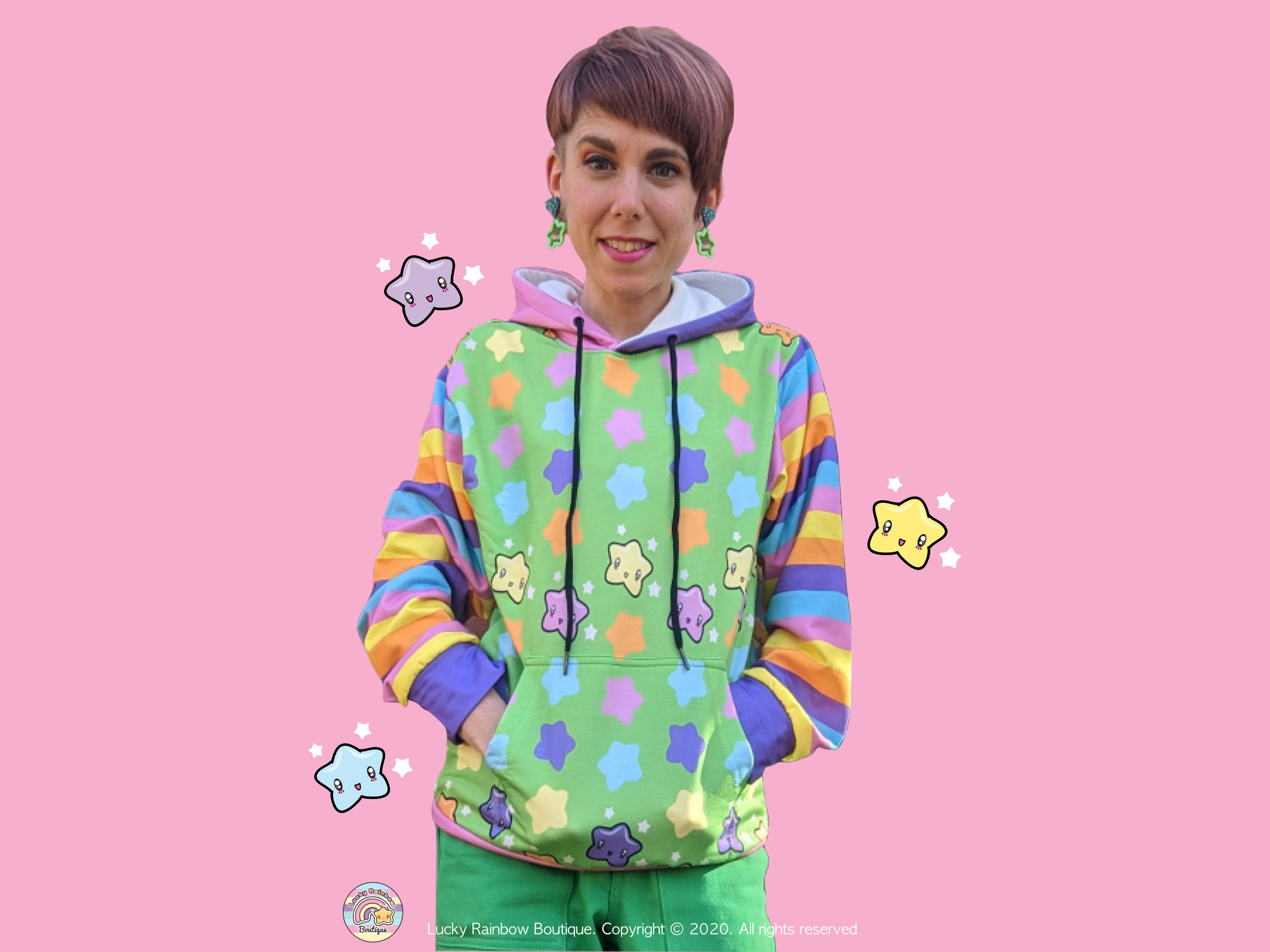 Bright Green All Over Star Hoodie, Kidcore Clothes, Rainbow