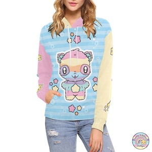 Pastel Rainbow Panda Hoodie on a Light Blue Stripe and Stars background, with Contrasting Pink and Yellow Sleeves and Hood.