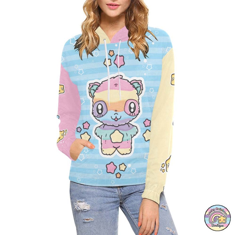 Pastel Rainbow Panda Hoodie on a Light Blue Stripe and Stars background, with Contrasting Pink and Yellow Sleeves and Hood.