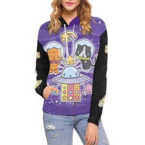 Purple Space Cats Hoodie, Kawaii Clothes, Cute Cat Sweater, Spaceship Sweatshirt, Celestial Shirt, Harajuku Clothing, Decora Fashion