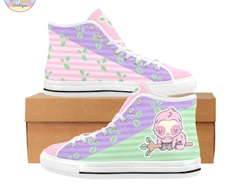 Cute Sloth High Top Sneakers, Kawaii Pastel Shoes, Colour Block Lace Up Canvas Boots, Cute Anime Trainers, Student Casual Shoes, Sloth Gifts
