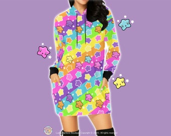 Rainbow Stripes and Stars Hoodie Dress, Decora Kei Clothes, Harajuku Oversized Hoodie, Rainbow Sweater, Star Sweatshirt, Kawaii Clothing