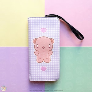 Monedero de muñeca con diseño de oso, cartera de mano con correa de muñeca de cuadros vichy lilas, funda para teléfono inteligente, tarjetero, accesorios kawaii, regalos para ella