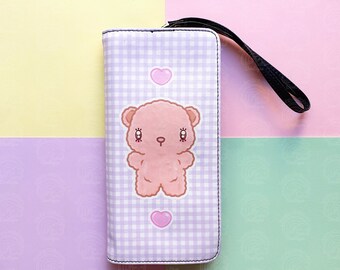 Portefeuille poignet ours mignon, pochette lilas avec dragonne vichy, porte-cartes de crédit étui pour téléphone intelligent, accessoires kawaii, cadeaux pour elle