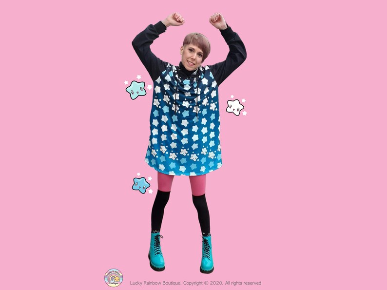 All over Star Print Hoodie Dress in Black and Blue Ombre
