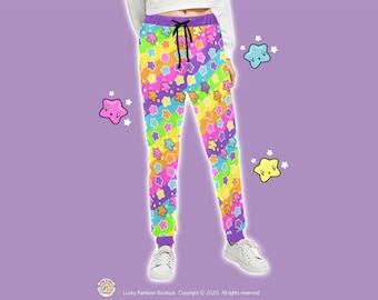 Rainbow Stripes and Stars Jogger Pants, Kawaii Clothing, All Over Star Sweatpants, Rainbow Trousers, Kidcore Clothes, Decora Kei Fashion