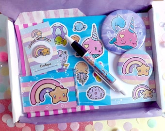 Kawaii Mystery Box Stationery Grab Bag, Goodie Bag Box, Sticker Sheet Cute, Enamel Pin Anime Button Badge, Notepad and Pen, Gift for Tweens