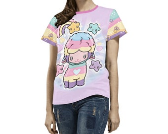 Camiseta Wavy Rainbow Llama, ropa Kawaii, linda camisa de alpaca pastel, ropa Fairy Kei, camiseta estilo de los años 80, camisetas gráficas de anime, atuendos lindos