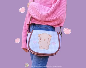 Cute Teddy Bear Crossbody Bag, Lilac Gingham Shoulder Satchel Bag, Kawaii Accessories, Cottage Core Bag, Heart Print Side Bag