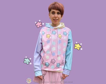 Pastel Rainbow Star Hoodie, 80s Pink Stars Sweater, Fairy Kei Clothing, Colour Block Sweatshirt, Pastel Goth Shirt, Harajuku Fashion