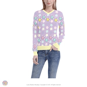 Lilac V Neck Knitted Sweater with Allover Happy Stars Print with Pastel Yellow Neckline, Sleeve and Waist Cuffs