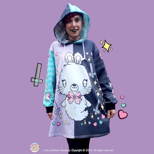 Vestido tipo suéter con diseño de conejito fantasma, ropa gótica pastel, sudadera con capucha con estampado integral, camiseta espeluznante y linda, sudadera de gran tamaño, ropa Yami Kawaii