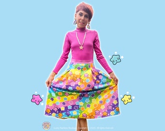 Rainbow Stars and Stripes Midi Skirt, Kawaii Clothes, Cute Star Skirt, Summer Skirts Women’s Clothing, Knee Length Skirt Retro, JFashion
