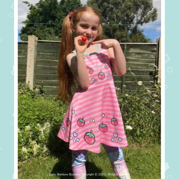 Kawaii Erdbeere ärmelloses Skater-Kleid, Sommer-Sonnenkleider-Mädchen, niedlicher rosafarbener Streifen-Kreisrock, Kinderkleidung, Decora Kei-Kleidung