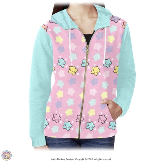 Pink Star Hoodie, Pastel Rainbow Stars Sweater, Zip up Pink Star Hoodie, Pastel Rainbow Stars Sweater, Zip up