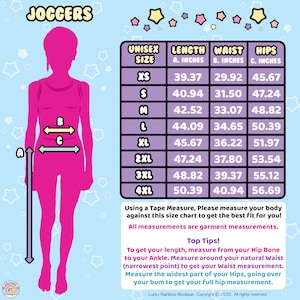 May include: A size chart for joggers with measurements in inches for length, waist, and hips. The chart includes sizes XS to 4XL. The chart is on a light blue background with stars and a pink illustration of a person wearing joggers.