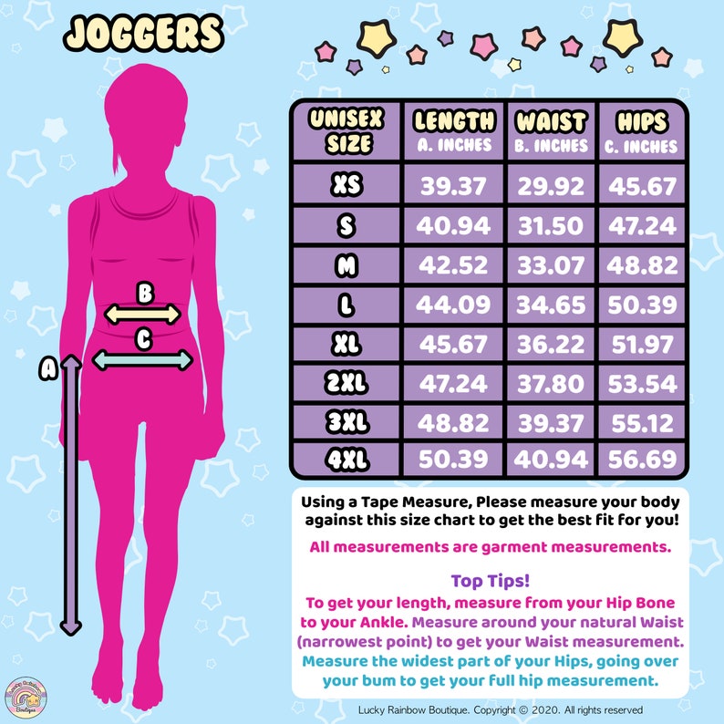 May include: A size chart for joggers with measurements in inches for length, waist, and hips. The chart includes sizes XS to 4XL. The chart is on a light blue background with stars and a pink illustration of a person wearing joggers.