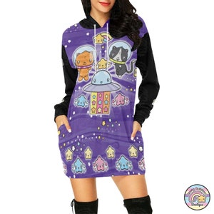 Space Cats Hoodie Dress, Kawaii Clothing, Cute Cat Sweatshirt, Galaxy Star Sweater Harajuku Dress, J-fashion, Decora Kei