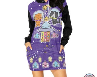 Space Cats Hoodie Dress, Kawaii Clothing, Cute Cat Sweatshirt, Galaxy Star Sweater Harajuku Dress, J-fashion, Decora Kei