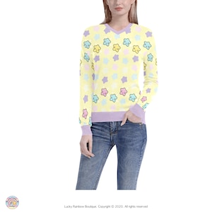 Pastel Yellow V Neck Knitted Jumper with Lilac Neckline, Sleeve and Waist Cuffs