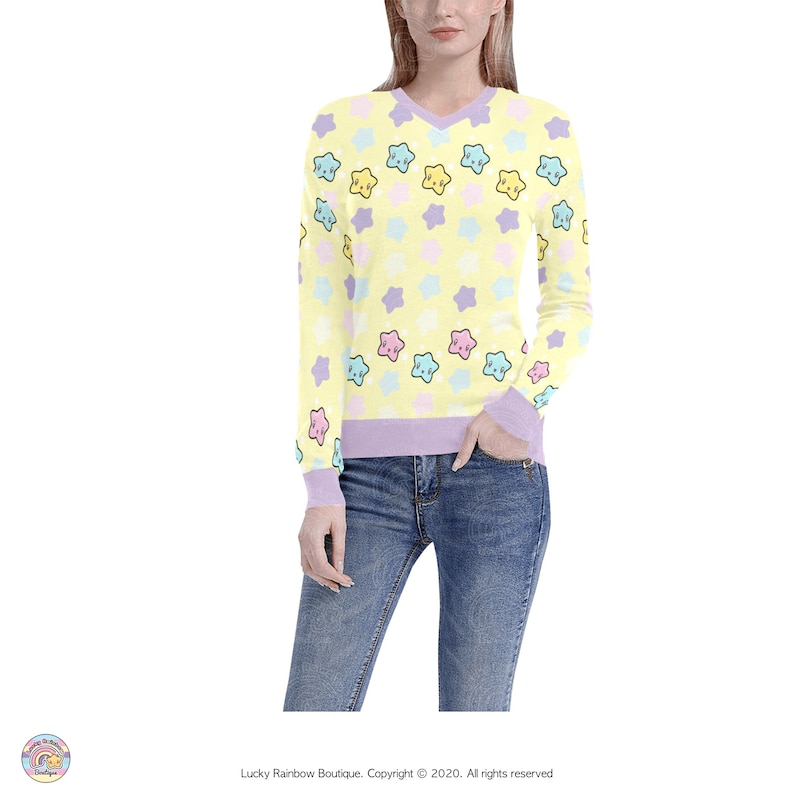 Pastel Yellow V Neck Knitted Jumper with Lilac Neckline, Sleeve and Waist Cuffs