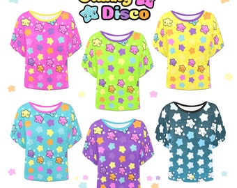 Top a pipistrello con stella arcobaleno brillante, abbigliamento Kawaii, maglietta All Over Stars, vestiti Kidcore, top estivi, camicia con stampa celeste, moda Decora