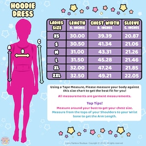 Hoodie Dress Adults Size chart. Lucky Rainbow Boutique