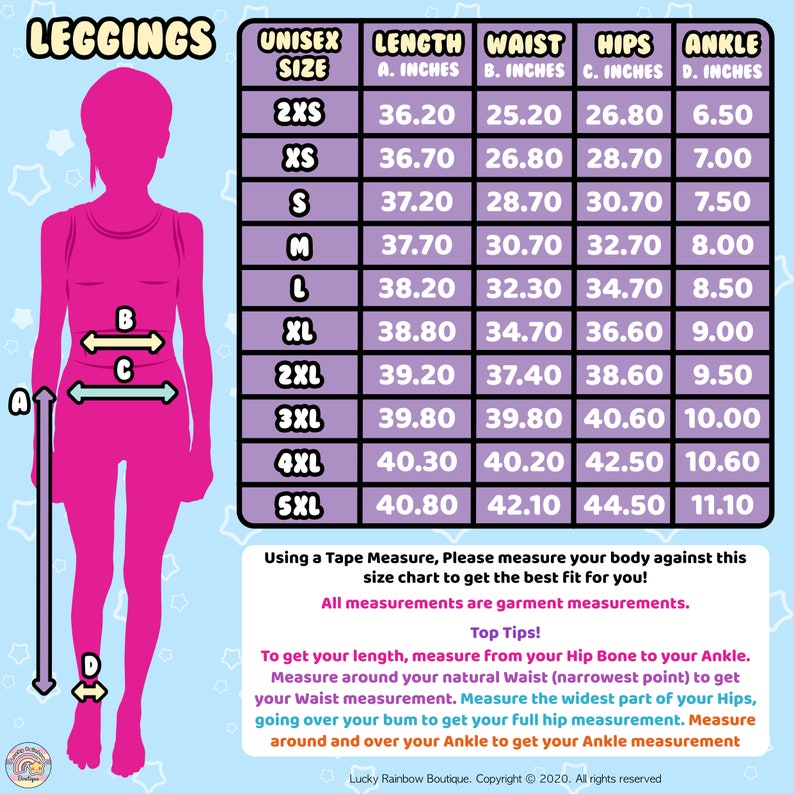 Leggings Adult Size Chart. Lucky Rainbow Boutique