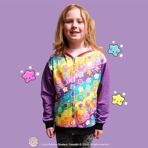 Sudadera con capucha y cremallera de arcoíris para niños, ropa kawaii, sudadera con arcoíris y estrellas, suéteres para niños, jersey para niños, ropa Decora Kei, sudaderas con capucha Y2K