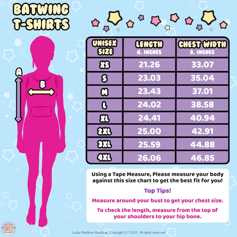 Batwing Shirt Adult Size Chart. Lucky Rainbow Boutique
