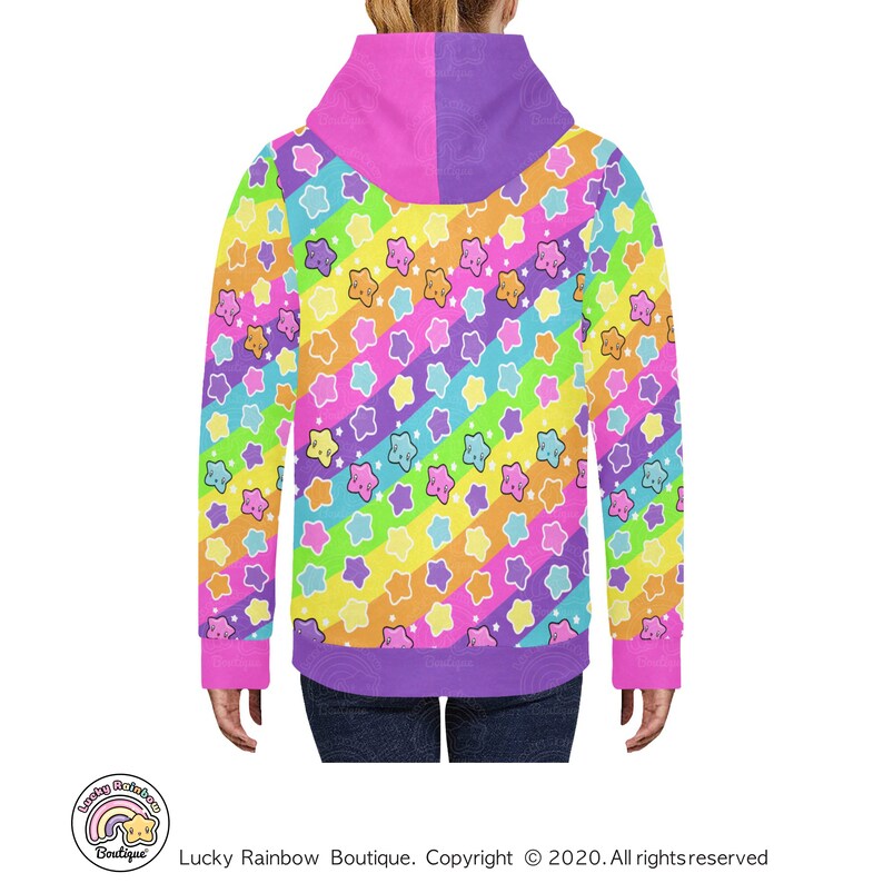 Decora Kei Hoodie Sweatshirt for Men and Women. Features a bright Rainbows and Stars Print.
