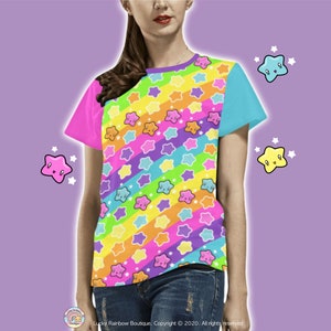 Rainbow Stripes & Stars TShirt, Decora Kei Clothing, All Over Print Shirt, Kawaii Clothes, Kidcore, Anime Graphic Tees, Harajuku Fashion