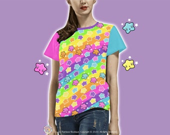 T-shirt regenboogstrepen en sterren, Decora Kei-kleding, shirt met all-overprint, kawaiikleding, Kidcore, grafische T-shirts anime, Harajuku-mode