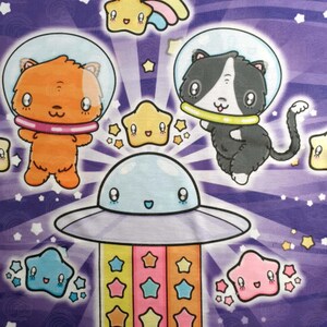 May include: A purple background with a cartoon spaceship, two cats in space suits, and stars. The spaceship is blue and white with a smiling face. The cats are orange and black with white faces. The stars are yellow, blue, pink, and orange.