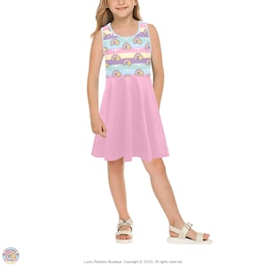 Mädchen Regenbogen Sommerkleid Kawaii Kleidung, Kinder Rosa Ärmelloses Sommerkleid, niedliches Regenbogen Skater Kleid Kinderkleidung