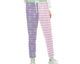 Pastel Leaves Unisex Jogger Pants, Pink and Lilac Joggers, Kawaii Outfit, Pink Fairy Kei Sweatpants, Pastel Tracksuit Bottoms, Yume Kawaii
