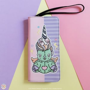 Carteira de pulso de unicórnio pastel, acessórios kawaii, carteira de zumbi fofa, organizador de bolsa, carteira com zíper vegana, presentes de Natal para adolescentes