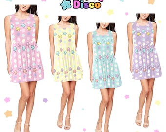 Rainbow Star Pastel Kawaii Dress, Cute Stars Fairy Kei Skirt, Summer Dresses Sleeveless, Soft Girl Aesthetic Clothes, 80s Fashion