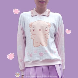 Suéter de punto de oso kawaii, jersey de osito de peluche, ropa kawaii, sudadera de cuadros vichy pastel, suéter de dibujos animados, top cottagecore, regalo para ella