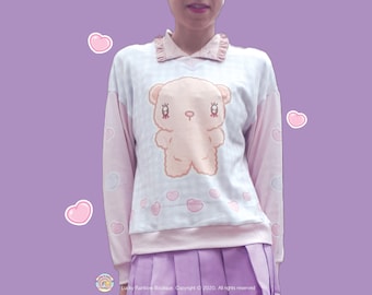 Kawaii Bear Knitted Sweater, Teddy Jumper, Kawaii Clothes, Pastel Gingham Sweatshirt, Cartoon Sweater, Cottagecore Top, Gift for Her,